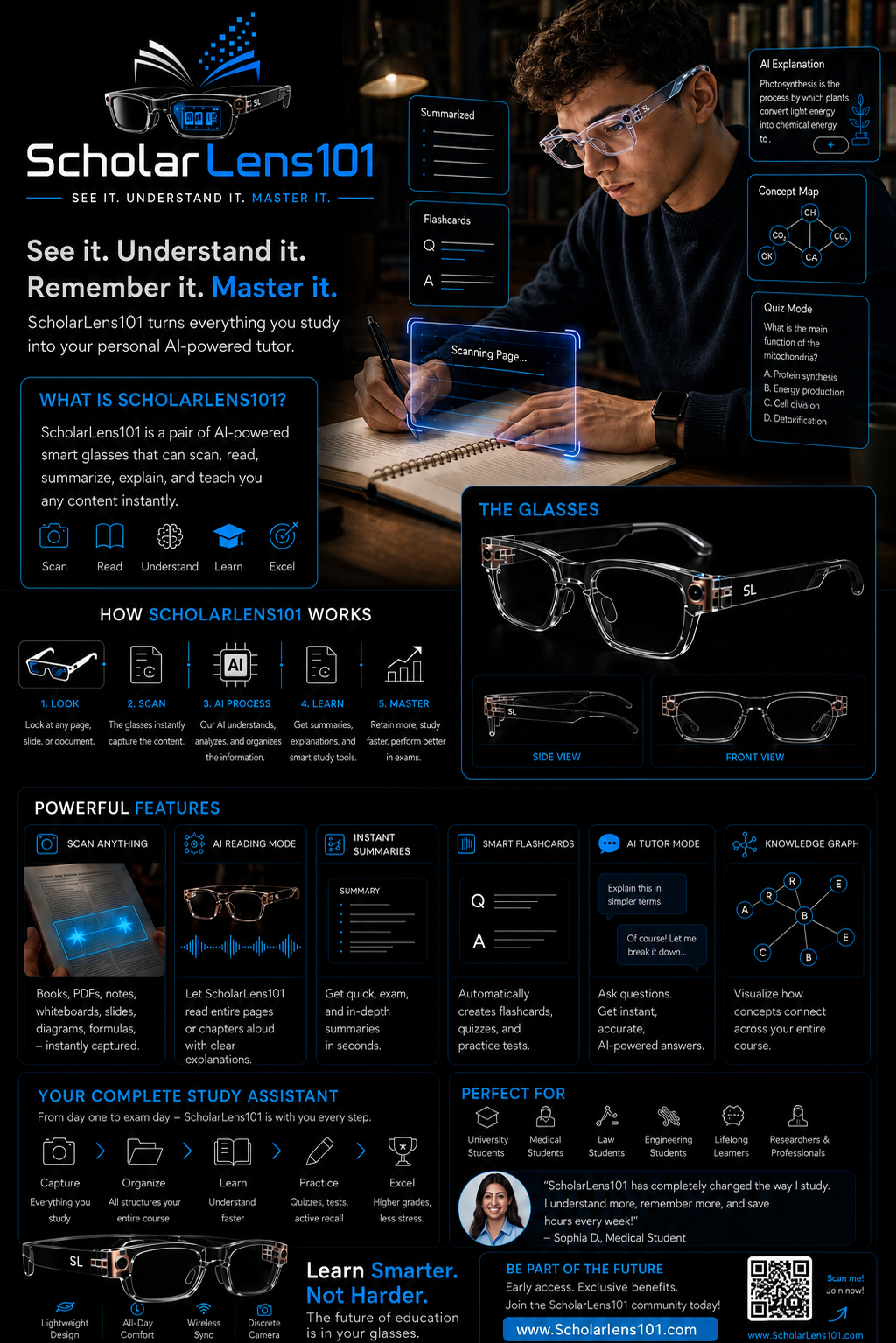 ScholarLens101 AI learning glasses product flyer